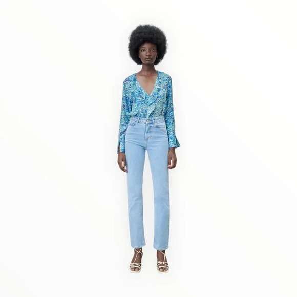 ZARA | Blue | RUFFLED ANIMAL PRINT BLOUSE - Picture 5 of 13